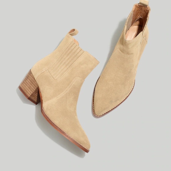 MADEWELL Tan Suede Western Ankle Boots Sz8, Stacked Heel, Classic Khaki Booties - Picture 2 of 10